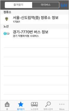 메인에서 즐겨찾기 버튼을 클릭합니다. 즐겨찾기 리스트를 이용해 버스정보를 간편하게 이용하시거나 Edit버튼을 클릭해 삭제할 수 있습니다.