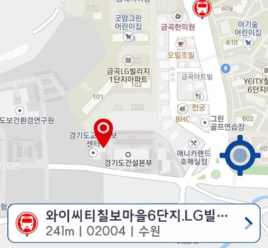 메인화면의 하단 주변정류소 버튼 클릭 시 지도상의 정류소 위치를 보여줍니다.